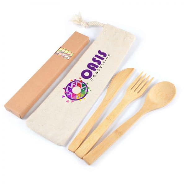 Branded Promotional Miso Bamboo Cutlery Set &Amp; Straws In Calico Pouch