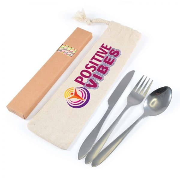 Branded Promotional Banquet Cutlery Set &Amp; Straws In Calico Pouch