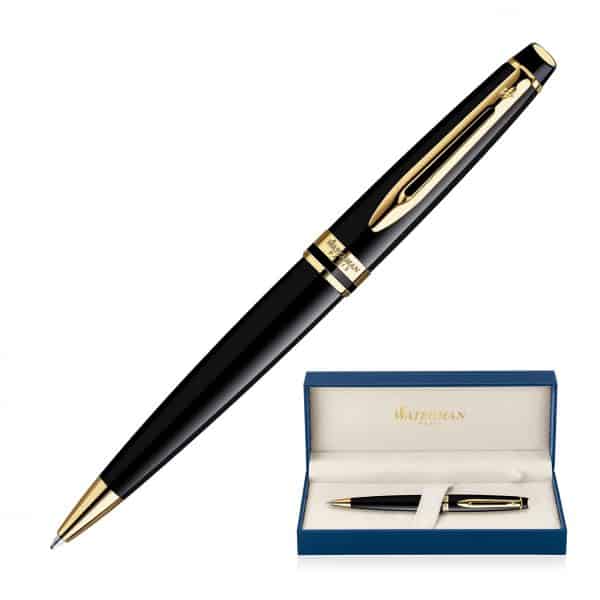 Branded Promotional Metal Pen Ballpoint Waterman Expert - Lacquer Black 23K Gold Plated Trim