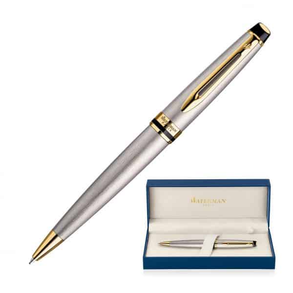 Branded Promotional Metal Pen Ballpoint Waterman Expert - Brushed Stainless 23K Gold Plated Trim