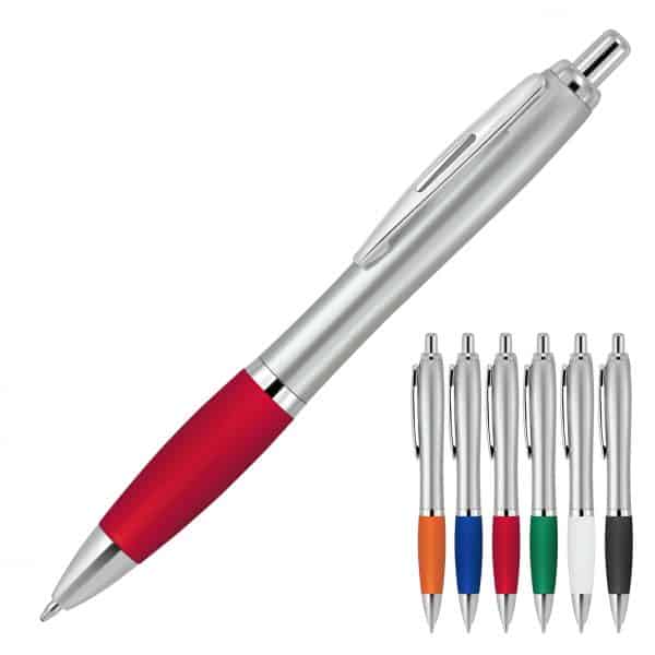 Branded Promotional Plastic Pen Ballpoint Silicone Grip Silver Cara