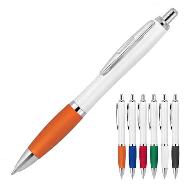 Branded Promotional Plastic Pen Ballpoint Silicone Grip White Cara