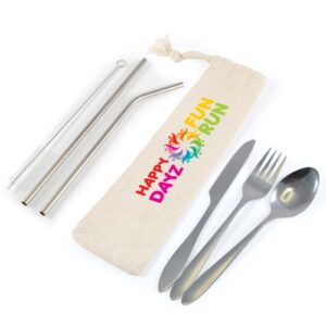 Branded Promotional Banquet Stainless Steel Cutlery & Straw Set in Calico Pouch
