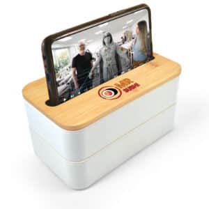 Branded Promotional Stax Eco Lunch Box with Phone Holder Lid