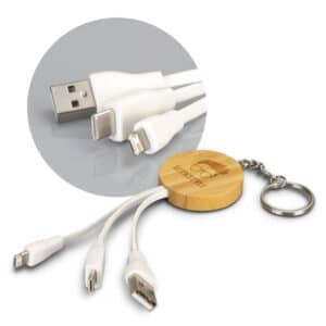 Branded Promotional Bamboo Charging Cable Key Ring - Round