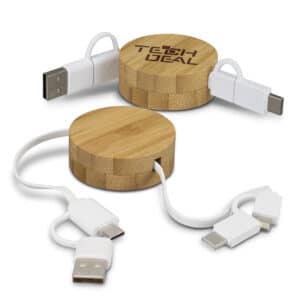 Branded Promotional Bamboo Retractable Charging Cable