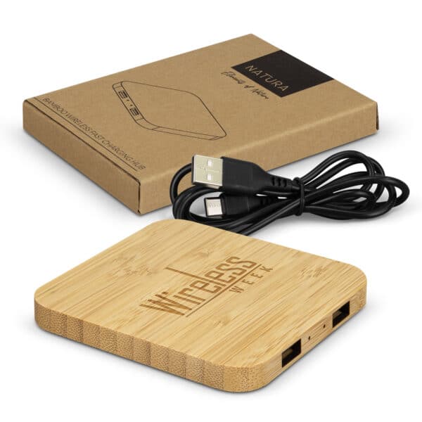 Branded Promotional Natura Bamboo Wireless Fast Charging Hub