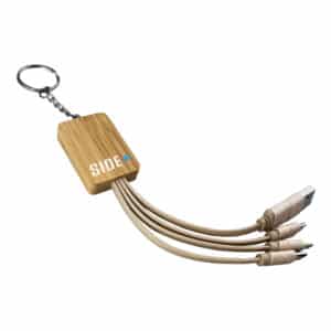 Branded Promotional Square Bamboo Charging Cable Key Ring