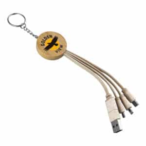 Branded Promotional Round Bamboo Charging Cable Key Ring