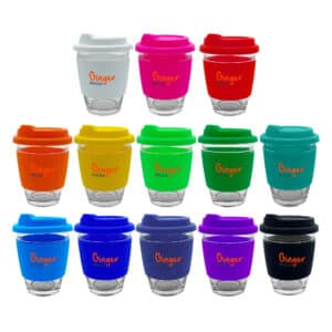 Branded Promotional Carlo Glass Coffee Cup – Silicone Band