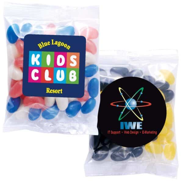 Branded Promotional Corporate Colour Mini Jelly Beans In 50 Gram Cello Bag