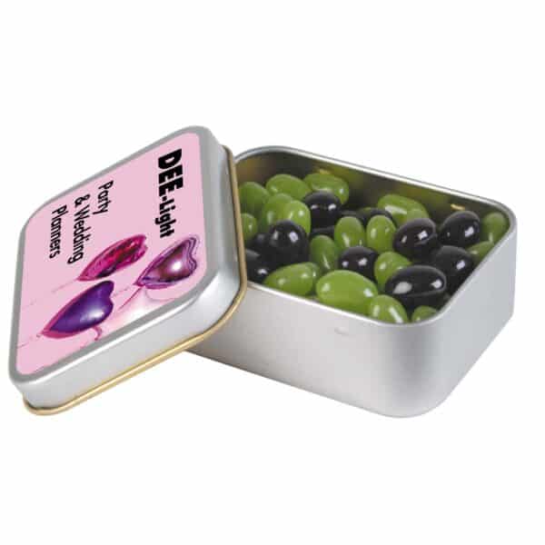 Branded Promotional Corporate Colour Mini Jelly Beans In Silver Rectangular Tin