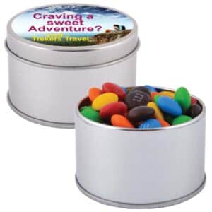 Branded Promotional M&M's In Silver Round Tin