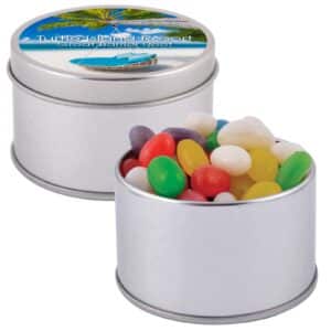 Branded Promotional Assorted Colour Mini Jelly Beans In Silver Round Tin