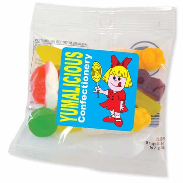 Branded Promotional Assorted Jelly Party Mix In 50 Gram Cello Bag