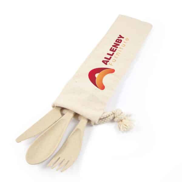 Branded Promotional Delish Eco Cutlery Set In Calico Pouch