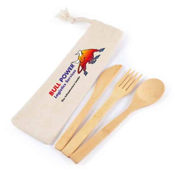 Branded Promotional Miso Bamboo Cutlery Set In Calico Pouch