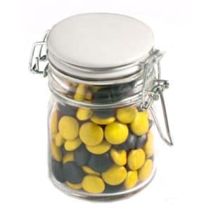 Branded Promotional Glass Clip Lock Jar filled with Choc Beans 160g