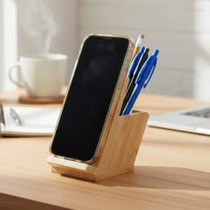 Branded Promotional Bamboo Mobile Stand And Pen Holder